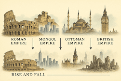 The Rise and Fall of Global Empires Illustrated timeline showing Roman, Mongol, Ottoman, and British empires rising and falling.