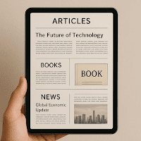 Digital Reading on a Modern Tablet. Hand holding a digital tablet displaying articles and news.