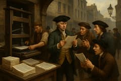 Public Reading at a Historic Printing Stall. Men reading freshly printed papers at an old printing press.