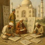 Mughal artisans working on marble inlays near the Taj Mahal.