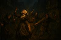 People in medieval clothing dancing uncontrollably in the streets of 1518 Strasbourg during the Dancing Plague, under dramatic, moody lighting.