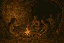 Prehistoric people sitting around a fire in a cave with wall paintings.
