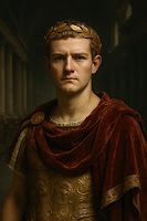 Realistic studio portrait of Emperor Caligula in Roman attire with laurel crown.