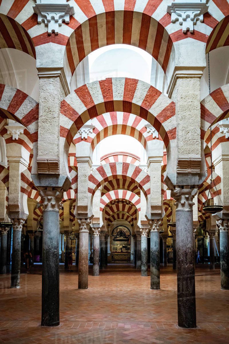Interior of the Great Mosque of Córdoba showing Islamic ribbed vault construction and pointed arches built 785 CE, 308 years before European Gothic architecture