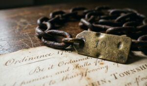 Close-up of an 18th-century Gunter’s surveying chain with brass marker resting on a handwritten 1785 land survey map