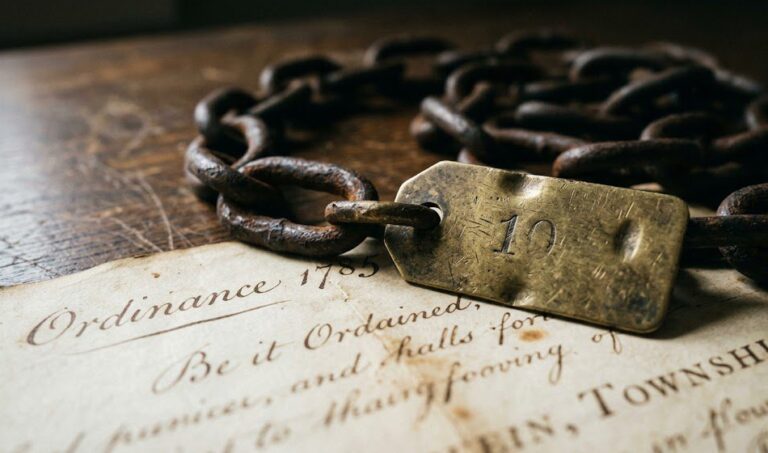 Close-up of an 18th-century Gunter’s surveying chain with brass marker resting on a handwritten 1785 land survey map
