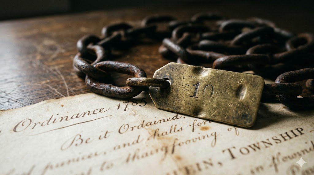 Close-up of an 18th-century Gunter's surveying chain with brass marker resting on a handwritten 1785 land survey map — the tool that divided the American continent into its geometric grid