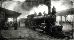 Authentic-style monochrome photo of a steam locomotive at a busy railway station platform in the 1880s.