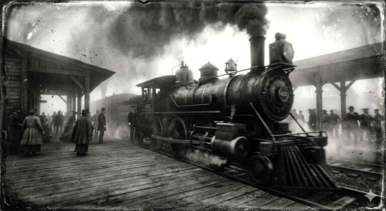 Authentic-style monochrome photo of a steam locomotive at a busy railway station platform in the 1880s.