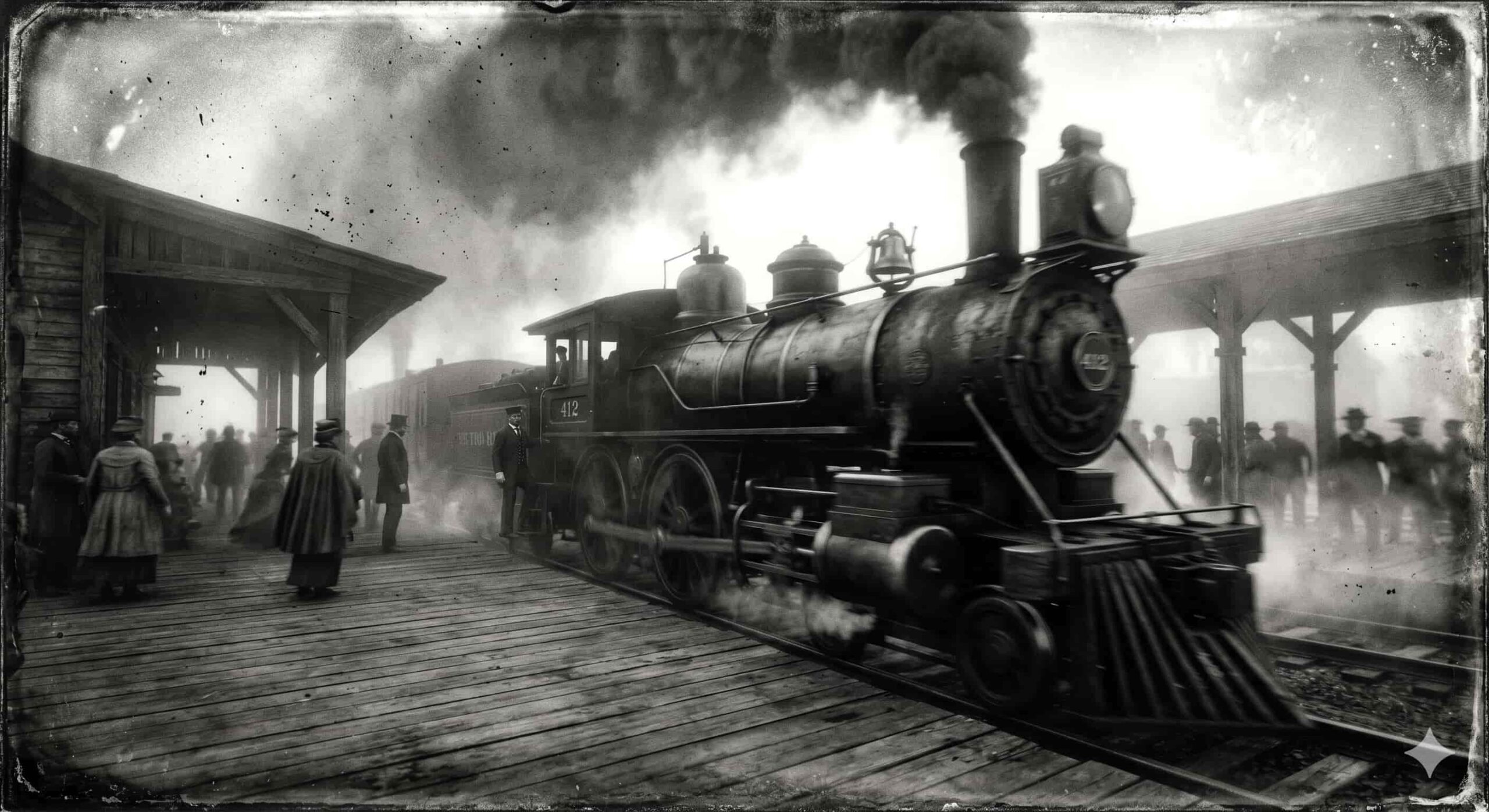 Authentic-style monochrome photo of a steam locomotive at a busy railway station platform in the 1880s.