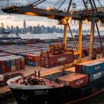 A large container ship being loaded by a gantry crane in a modern port, with thousands of stacked shipping containers forming a precise grid system that represents standardized distance and global logistics infrastructure