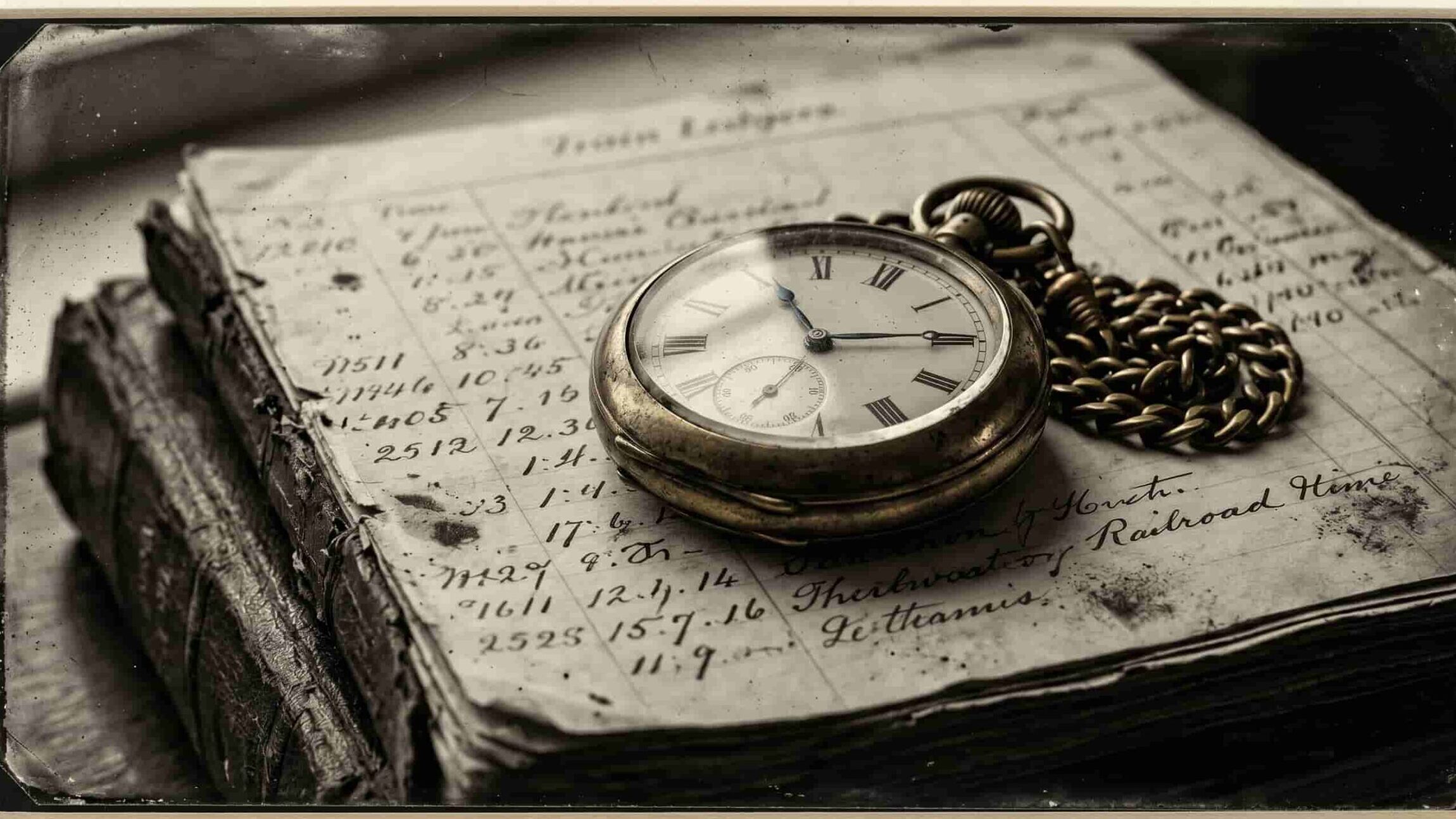 Antique 1880s railroad conductor's pocket watch with two minute hands — one for local solar time and one for railroad standard time, illustrating why time zones were created in 1883