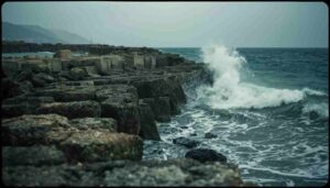 Raw documentary photograph of an ancient Roman harbor breakwater resisting violent storm waves, demonstrating durable coastal engineering.