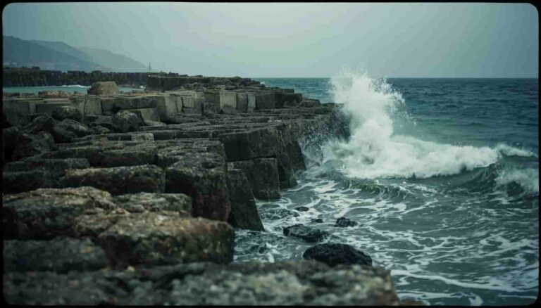 Raw documentary photograph of an ancient Roman harbor breakwater resisting violent storm waves, demonstrating durable coastal engineering.