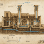 echnical architectural cross section diagram of a Persian badgir windcatcher tower and underground qanat water channel cooling system.