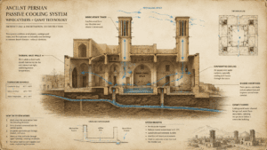 echnical architectural cross section diagram of a Persian badgir windcatcher tower and underground qanat water channel cooling system.
