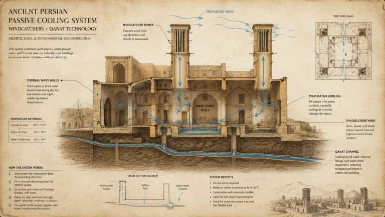 echnical architectural cross section diagram of a Persian badgir windcatcher tower and underground qanat water channel cooling system.