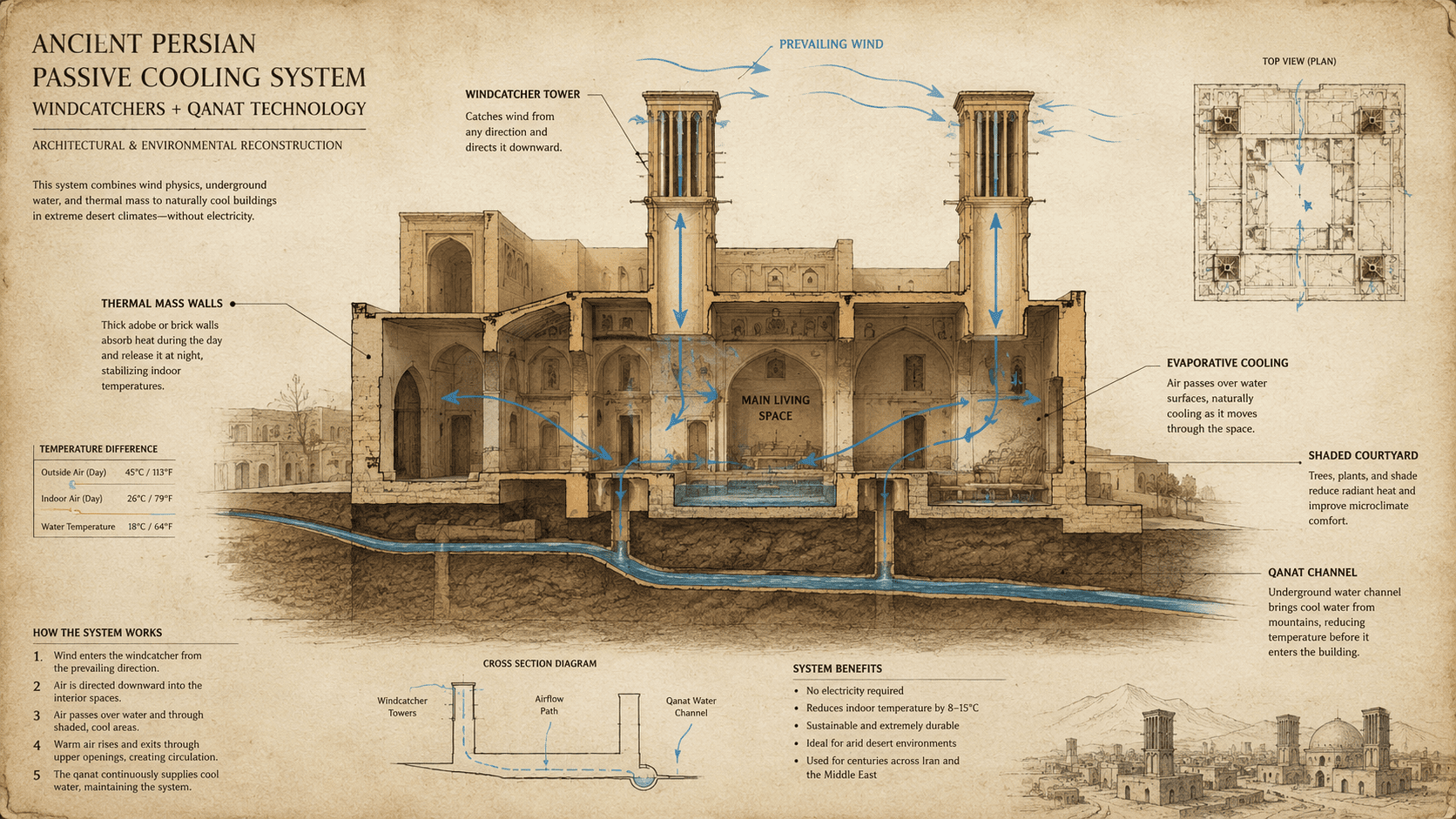 Ancient Passive Cooling System Cross Section Architectural cross section of an ancient Persian city showing badgir windcatcher towers, underground qanat water channels, and thick thermal mass walls used for passive cooling