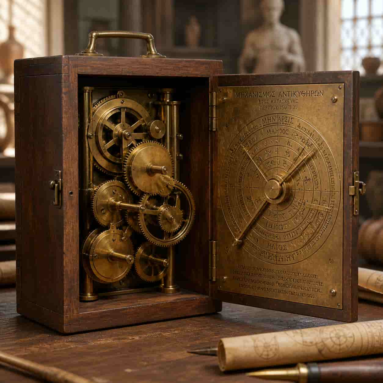 AI-generated forensic reconstruction of the Antikythera Mechanism in a wooden cedar box with visible bronze gear trains and inscriptions