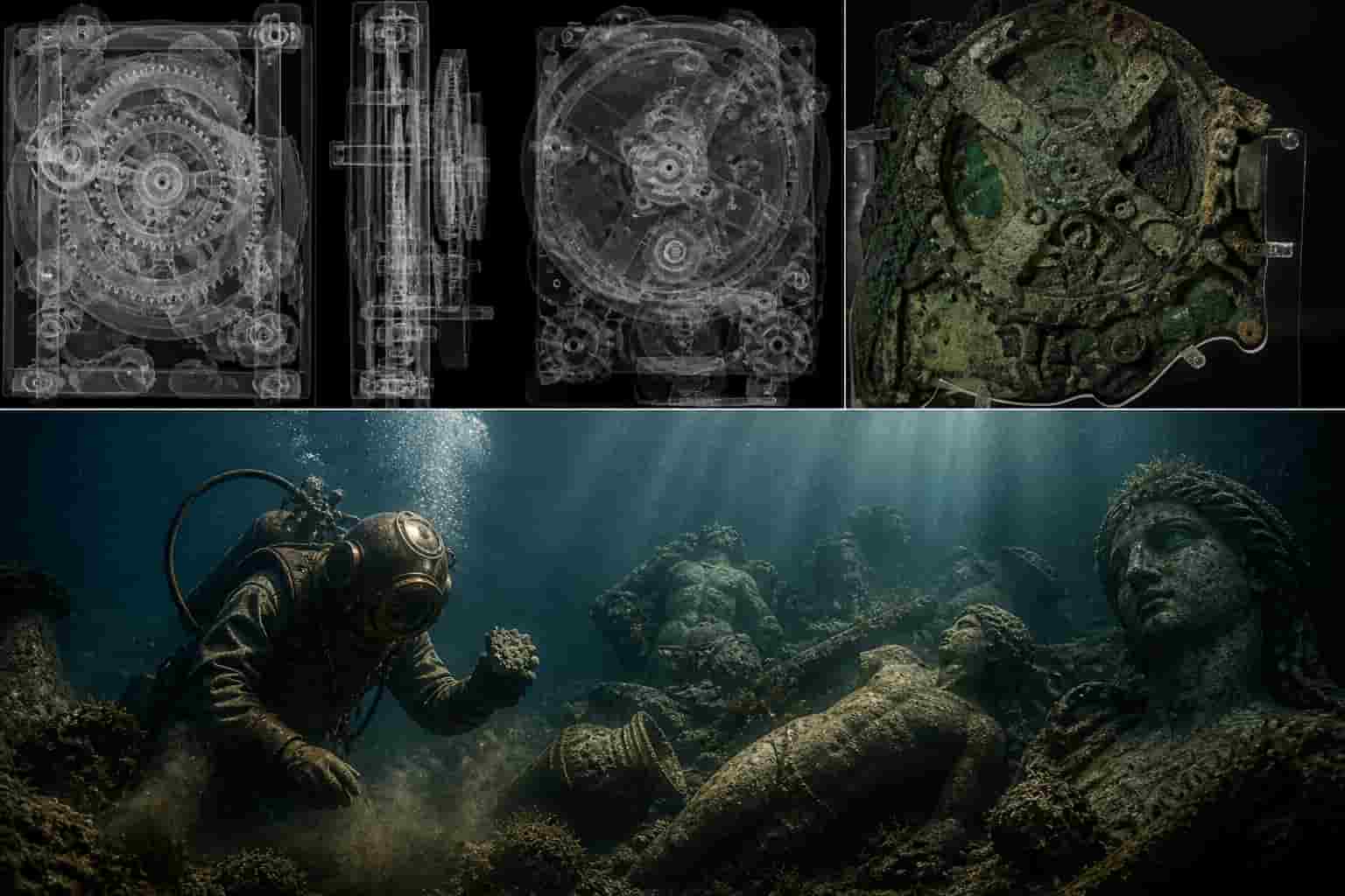 Atmospheric recreation of a sponge diver discovering ancient Greek statues on the Mediterranean seafloor