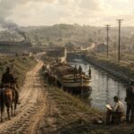 A cinematic historical reconstruction of early 19th-century American infrastructure showing a canal lock, a dirt road, telegraph lines, and a surveying crew.