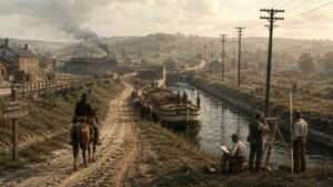 A cinematic historical reconstruction of early 19th-century American infrastructure showing a canal lock, a dirt road, telegraph lines, and a surveying crew.