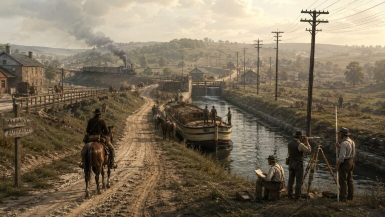 A cinematic historical reconstruction of early 19th-century American infrastructure showing a canal lock, a dirt road, telegraph lines, and a surveying crew.