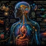A detailed scientific map illustrating the full human nervous system and the 33+ distinct senses modern biology recognizes, featuring interoception, proprioception, and sensory transduction.