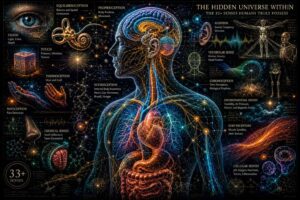 A detailed scientific map illustrating the full human nervous system and the 33+ distinct senses modern biology recognizes, featuring interoception, proprioception, and sensory transduction.