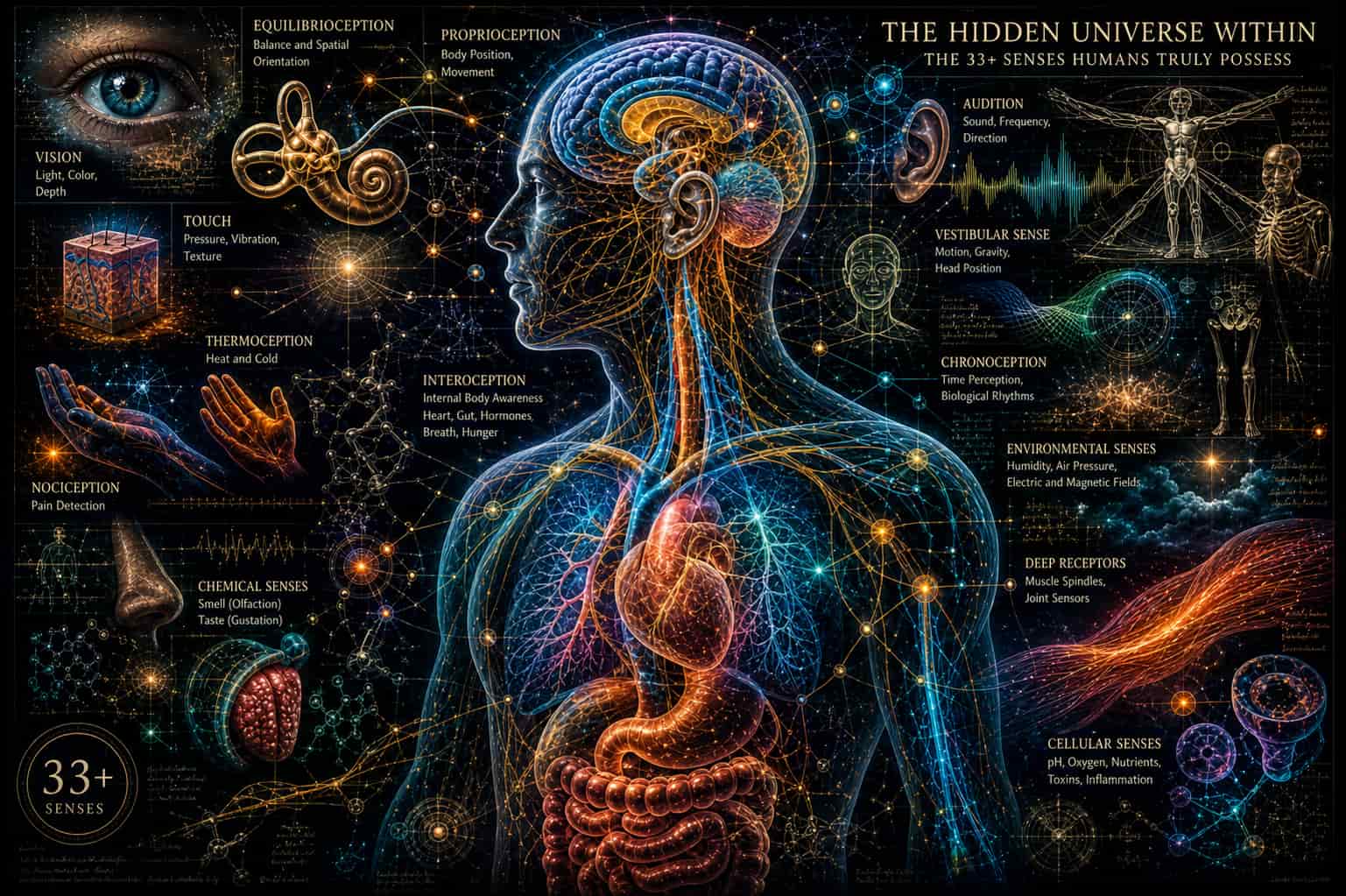 A detailed scientific map illustrating the full human nervous system and the 33+ distinct senses modern biology recognizes, featuring interoception, proprioception, and sensory transduction.