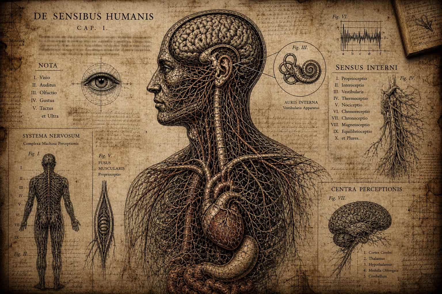 How many senses do humans have? A forensic blueprint of the human body's hidden sensory architecture — vestibular inner ear, skin mechanoreceptors, interoceptive vagus nerve pathway, and proprioceptive muscle spindles illustrated against an aged documentary-style dark background, representing the full sensory network Aristotle's five-sense model never accounted for