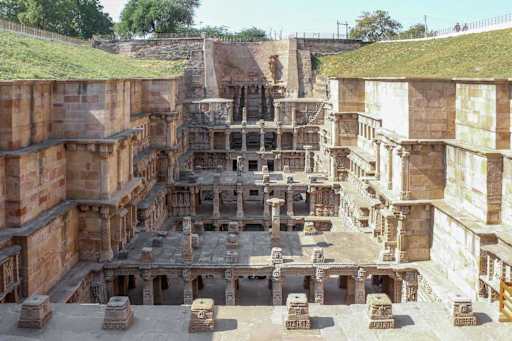 Subterranean Galleries of Rani ki Vav Stepwell Intricately carved stone pillars and descending subterranean gallery levels of the 11th century Rani ki Vav stepwell in Patan, India