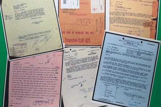 Collage of multiple declassified U.S. government UFO investigation documents.