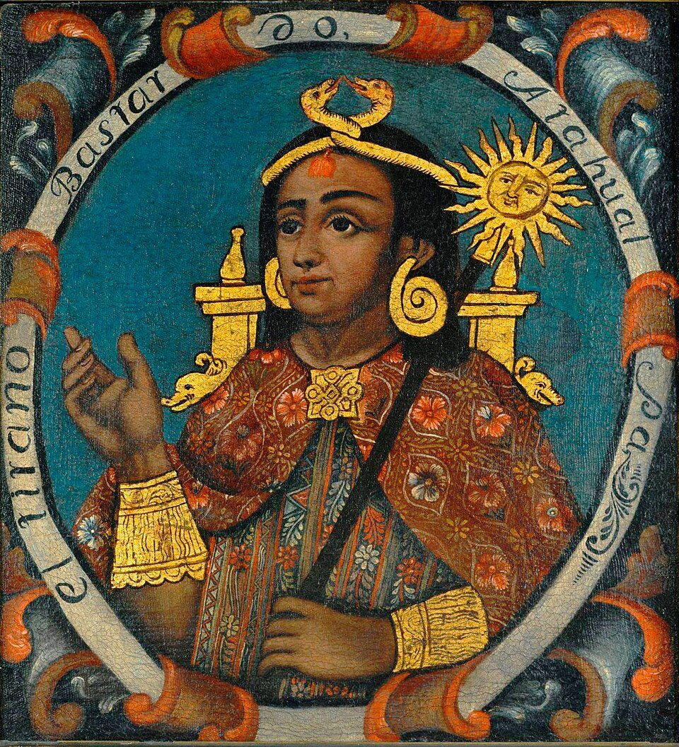 Classic colonial portrait painting of an indigenous Emperor holding a scepter, representing the lost Andean kingdoms