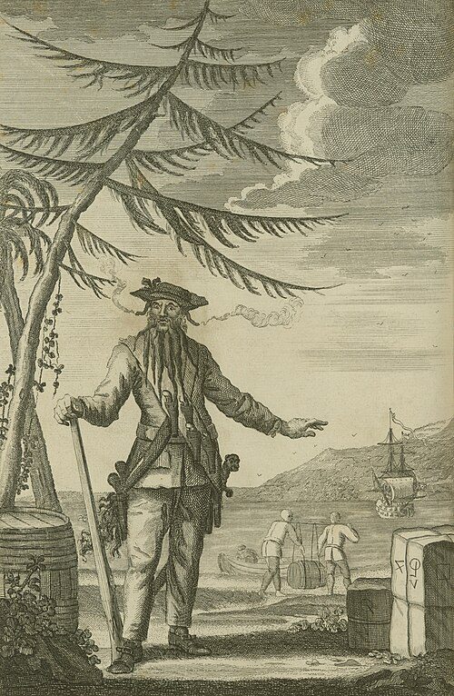 Classic 1724 portrait of Blackbeard the Pirate with smoking matches in his beard