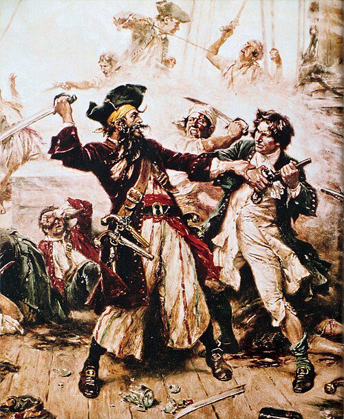 Historical painting showing the dramatic final naval battle of Blackbeard at Ocracoke Inlet in 1718