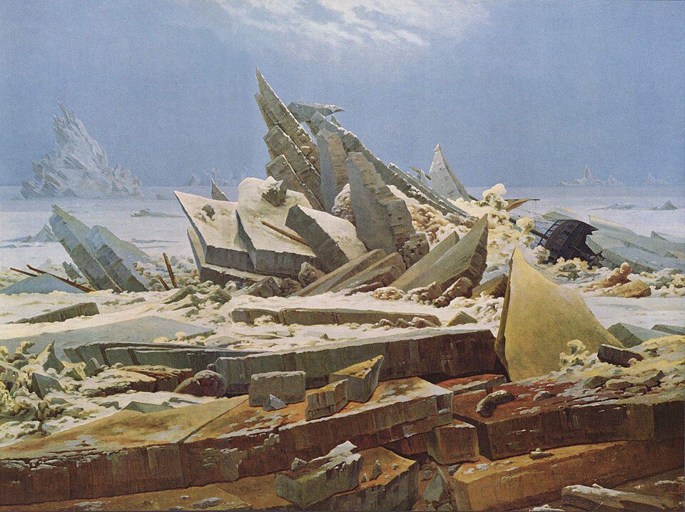 Classic painting 'The Sea of Ice' by Caspar David Friedrich showing a wooden ship crushed by massive jagged ice blocks