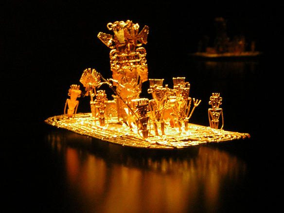 Historical illustration of Muisca priests covered in gold dust standing on a raft over a mountain lake