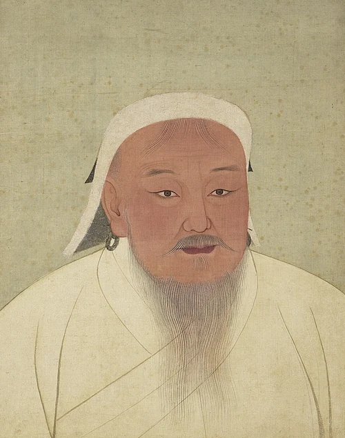Historical silk portrait painting of Genghis Khan representing the early Mongol Empire