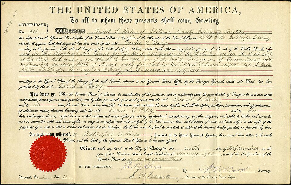 An original Homestead Act land patent certificate