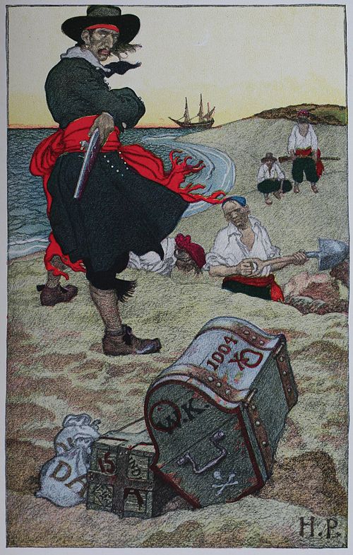 Dramatic oil painting by Howard Pyle showing maritime privateers burying iron-bound chests on a beach at night