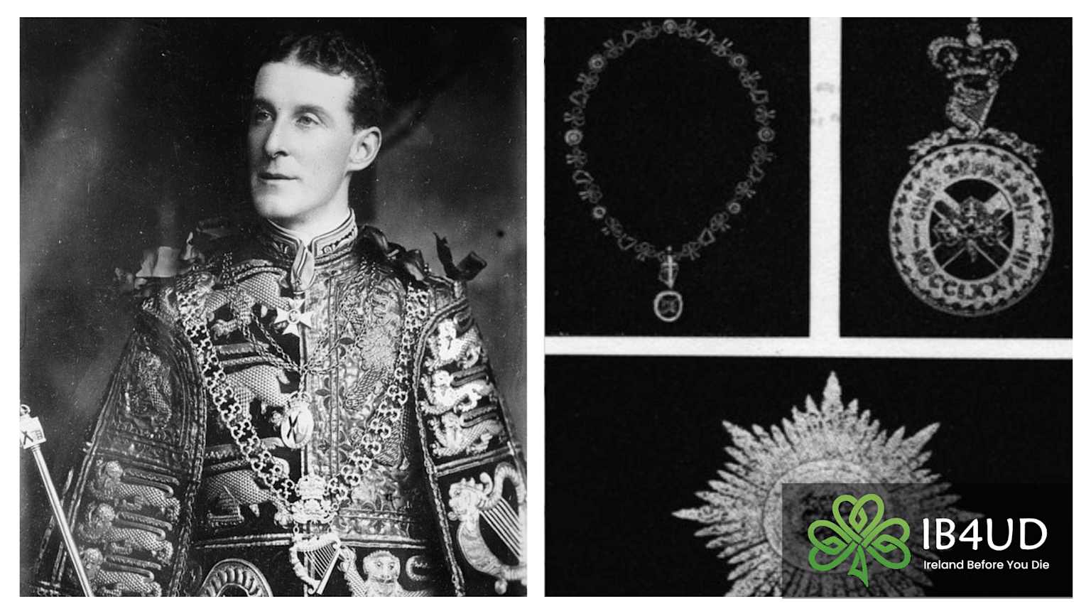 Black and white police archive photo of the stolen Irish Crown Jewels, highly decorated with diamonds