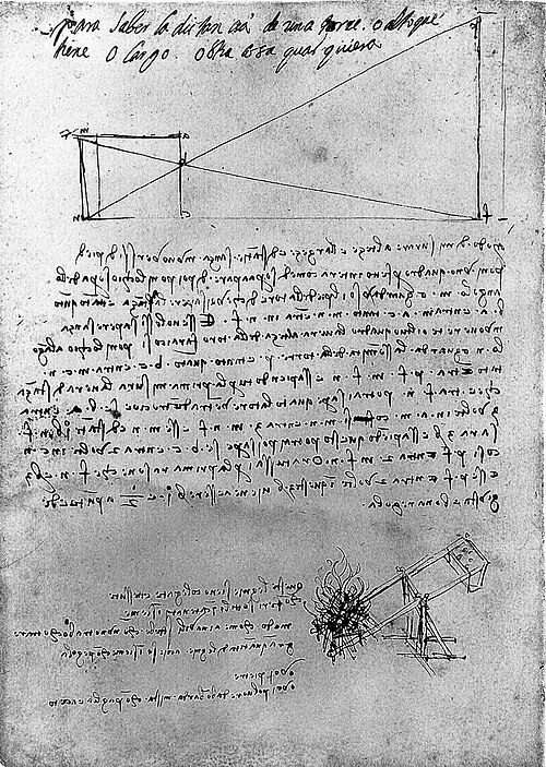 Page from a Leonardo da Vinci manuscript notebook showing his characteristic right-to-left mirror script alongside technical sketches and geometric diagrams