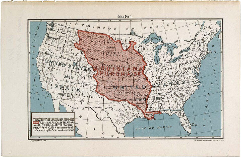 Historical boundary map of the Louisiana Purchase territory in 1803