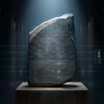 The Rosetta Stone displayed in the British Museum, a granodiorite stele inscribed with the same decree in three scripts, discovered in 1799 and the key to deciphering ancient Egyptian hieroglyphics.