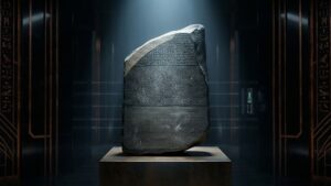 The Rosetta Stone displayed in the British Museum, a granodiorite stele inscribed with the same decree in three scripts, discovered in 1799 and the key to deciphering ancient Egyptian hieroglyphics.