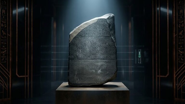 The Rosetta Stone displayed in the British Museum, a granodiorite stele inscribed with the same decree in three scripts, discovered in 1799 and the key to deciphering ancient Egyptian hieroglyphics.