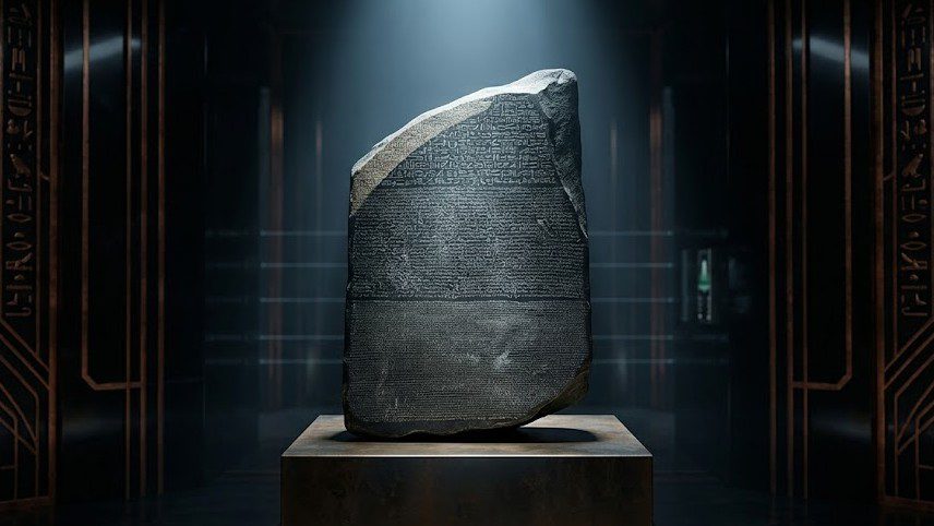 The Rosetta Stone displayed in the British Museum, a granodiorite stele inscribed with the same decree in three scripts, discovered in 1799 and the key to deciphering ancient Egyptian hieroglyphics.