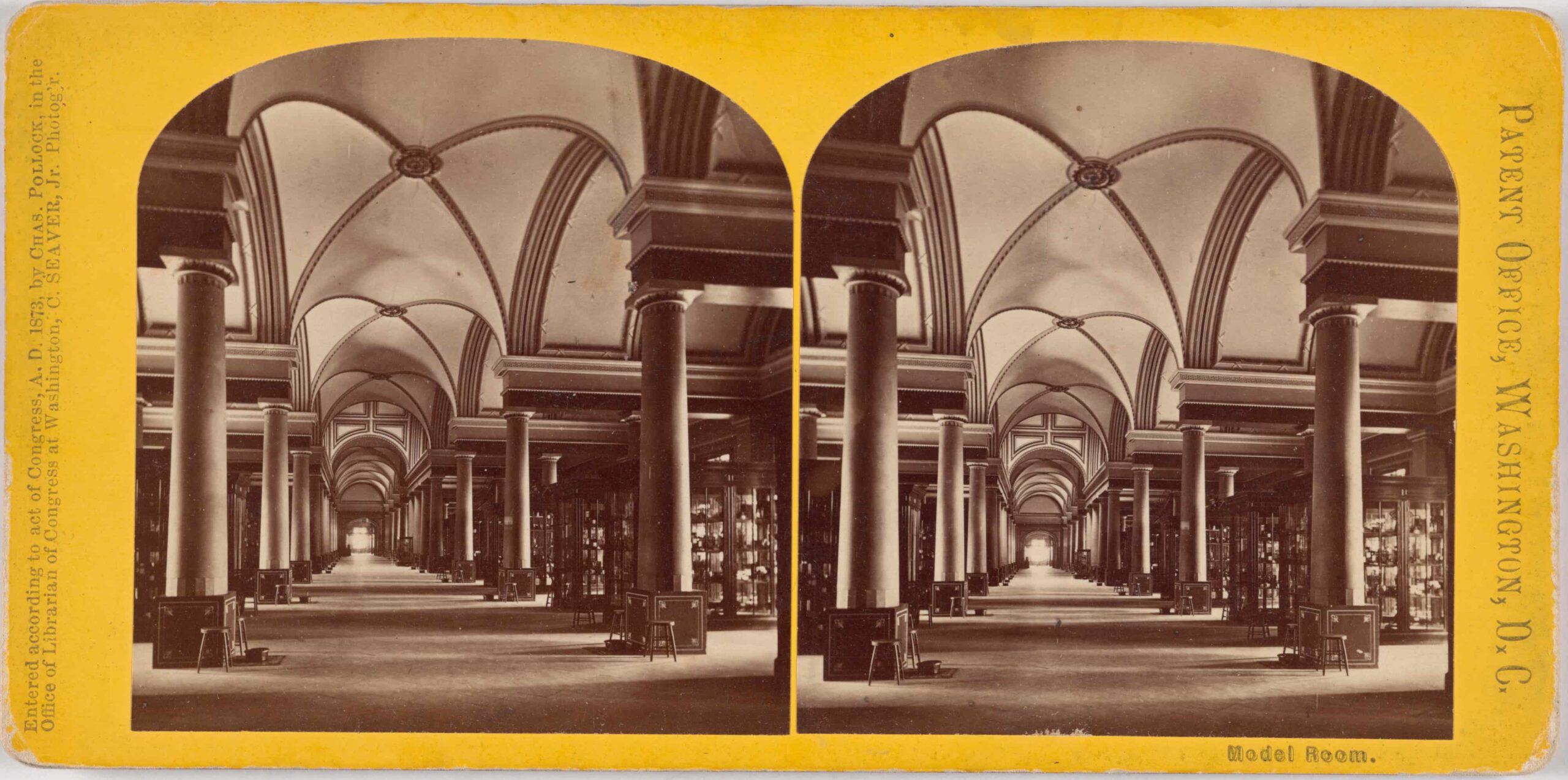 Smithsonian Institution Patent Office Model Gallery, thousands of inventor-submitted miniature working models. Interior of the Smithsonian Institution's patent office model gallery showing rows of glass cases containing thousands of miniature working models submitted by inventors with US patent applications between 1790 and 1880, representing the systematic institutional preservation of ordinary innovation