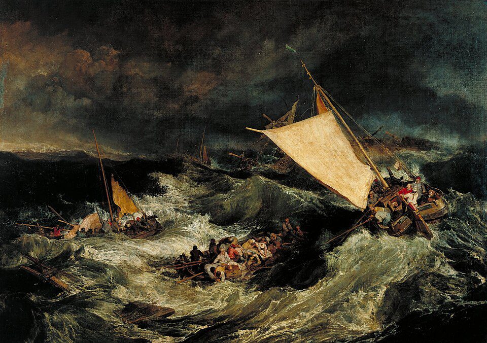 Dramatic classic maritime artwork by J.M.W. Turner showing a violent shipwreck at sea representing maritime loss